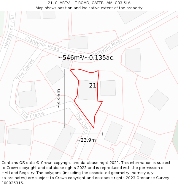 21, CLAREVILLE ROAD, CATERHAM, CR3 6LA: Plot and title map