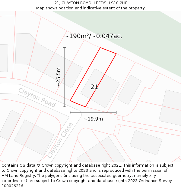 21, CLAYTON ROAD, LEEDS, LS10 2HE: Plot and title map