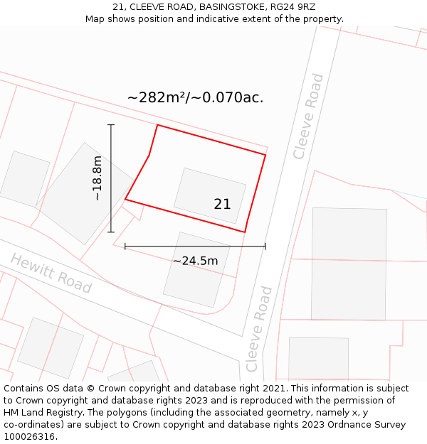 21, CLEEVE ROAD, BASINGSTOKE, RG24 9RZ: Plot and title map