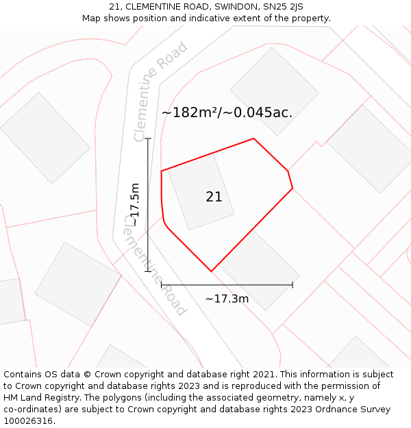 21, CLEMENTINE ROAD, SWINDON, SN25 2JS: Plot and title map