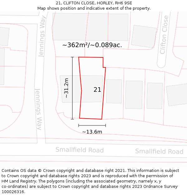 21, CLIFTON CLOSE, HORLEY, RH6 9SE: Plot and title map