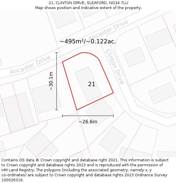 21, CLINTON DRIVE, SLEAFORD, NG34 7LU: Plot and title map