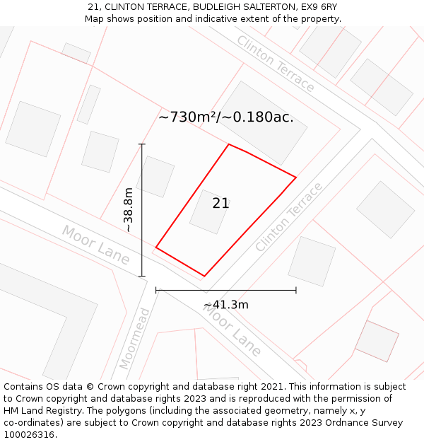 21, CLINTON TERRACE, BUDLEIGH SALTERTON, EX9 6RY: Plot and title map