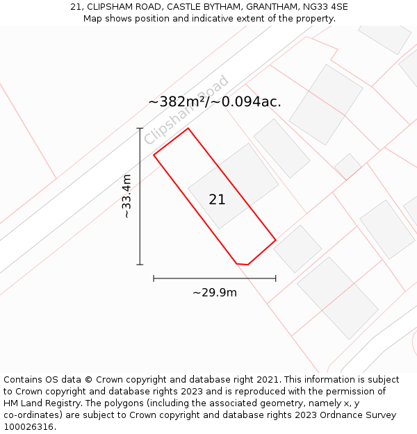 21, CLIPSHAM ROAD, CASTLE BYTHAM, GRANTHAM, NG33 4SE: Plot and title map