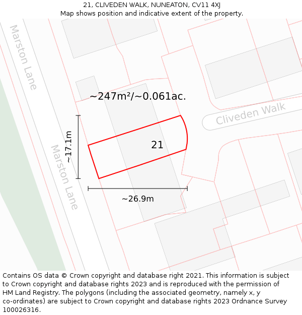 21, CLIVEDEN WALK, NUNEATON, CV11 4XJ: Plot and title map