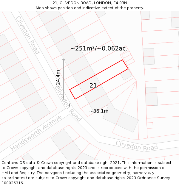 21, CLIVEDON ROAD, LONDON, E4 9RN: Plot and title map