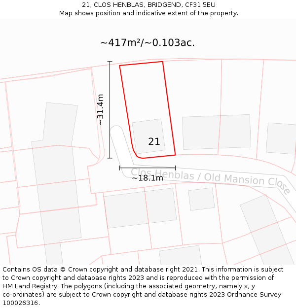 21, CLOS HENBLAS, BRIDGEND, CF31 5EU: Plot and title map