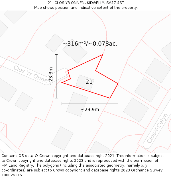 21, CLOS YR ONNEN, KIDWELLY, SA17 4ST: Plot and title map