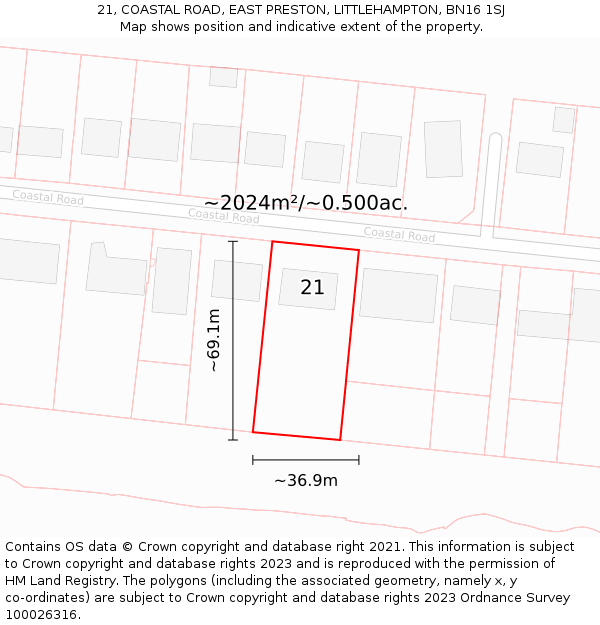 21, COASTAL ROAD, EAST PRESTON, LITTLEHAMPTON, BN16 1SJ: Plot and title map