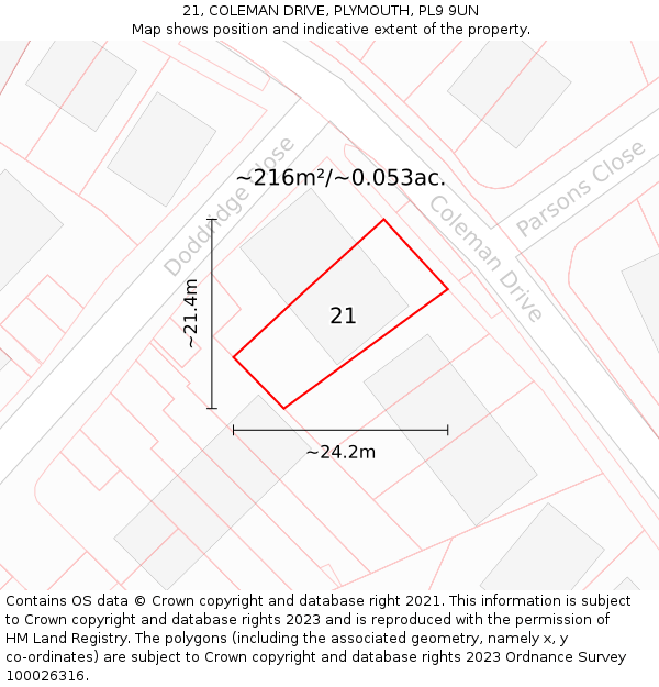 21, COLEMAN DRIVE, PLYMOUTH, PL9 9UN: Plot and title map