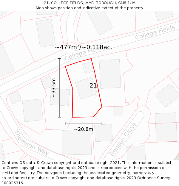 21, COLLEGE FIELDS, MARLBOROUGH, SN8 1UA: Plot and title map