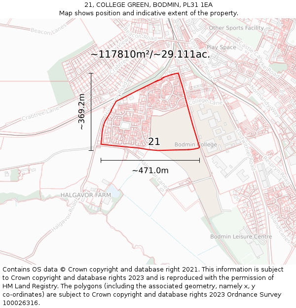 21, COLLEGE GREEN, BODMIN, PL31 1EA: Plot and title map