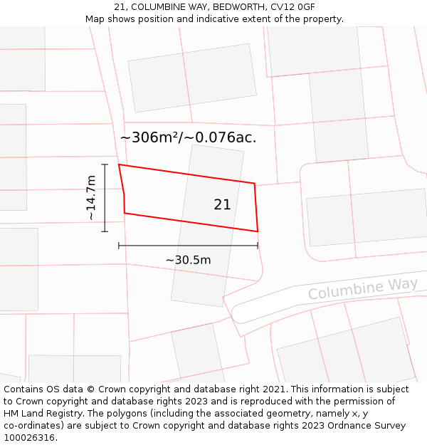 21, COLUMBINE WAY, BEDWORTH, CV12 0GF: Plot and title map