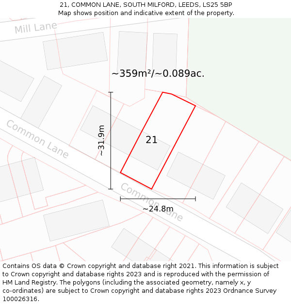 21, COMMON LANE, SOUTH MILFORD, LEEDS, LS25 5BP: Plot and title map