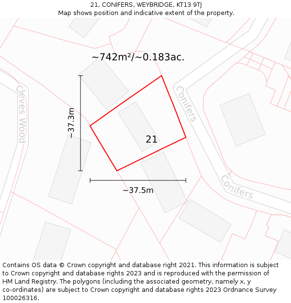 21, CONIFERS, WEYBRIDGE, KT13 9TJ: Plot and title map