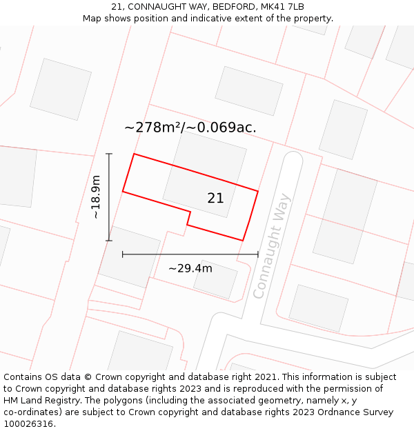 21, CONNAUGHT WAY, BEDFORD, MK41 7LB: Plot and title map