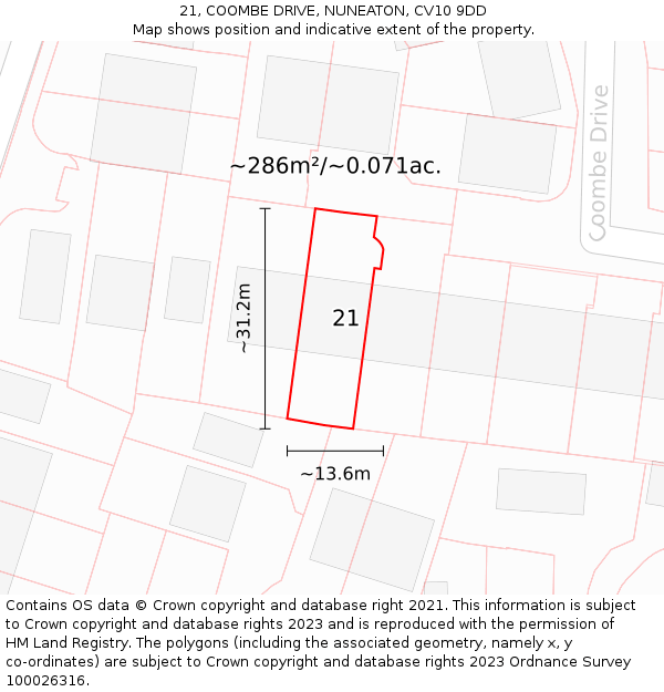 21, COOMBE DRIVE, NUNEATON, CV10 9DD: Plot and title map