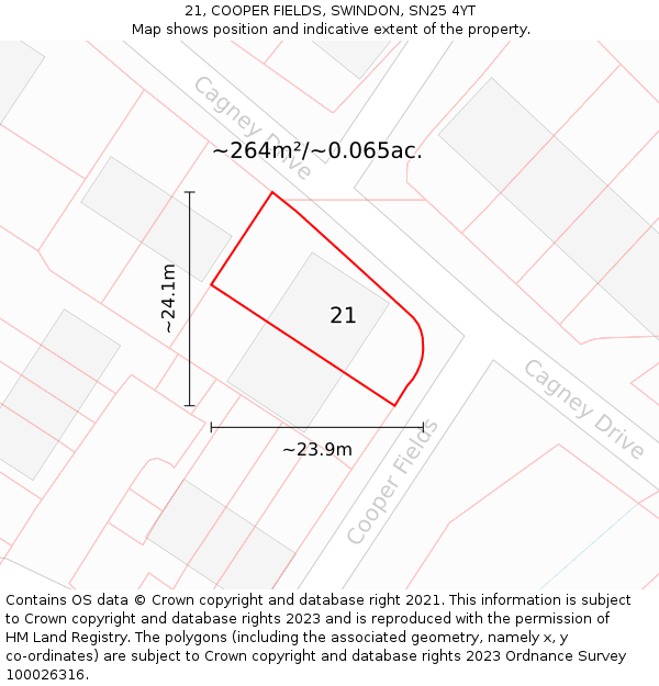 21, COOPER FIELDS, SWINDON, SN25 4YT: Plot and title map