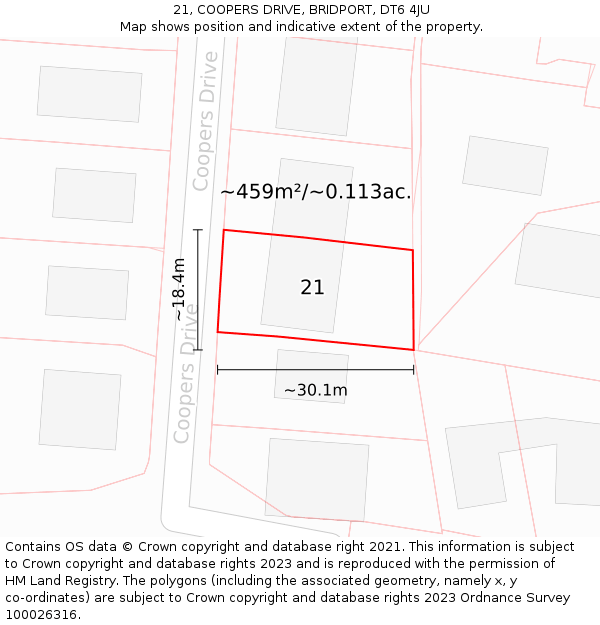 21, COOPERS DRIVE, BRIDPORT, DT6 4JU: Plot and title map