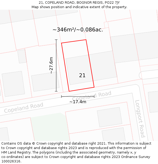 21, COPELAND ROAD, BOGNOR REGIS, PO22 7JY: Plot and title map