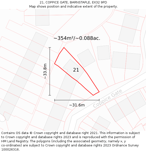 21, COPPICE GATE, BARNSTAPLE, EX32 9PD: Plot and title map