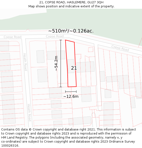 21, COPSE ROAD, HASLEMERE, GU27 3QH: Plot and title map