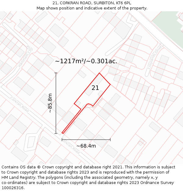 21, CORKRAN ROAD, SURBITON, KT6 6PL: Plot and title map