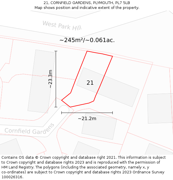 21, CORNFIELD GARDENS, PLYMOUTH, PL7 5LB: Plot and title map