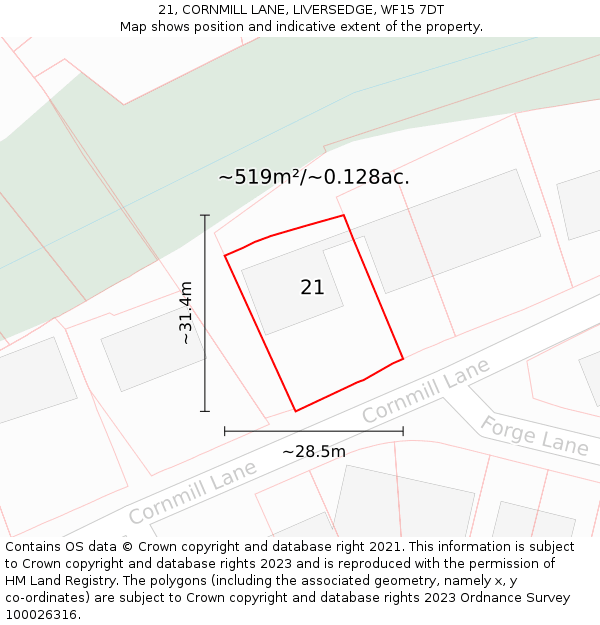 21, CORNMILL LANE, LIVERSEDGE, WF15 7DT: Plot and title map