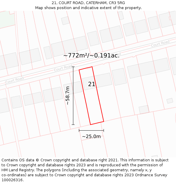 21, COURT ROAD, CATERHAM, CR3 5RG: Plot and title map