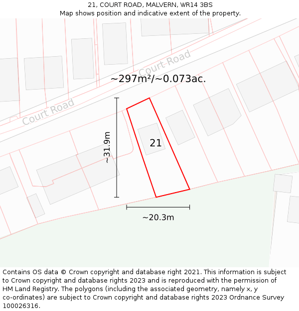 21, COURT ROAD, MALVERN, WR14 3BS: Plot and title map