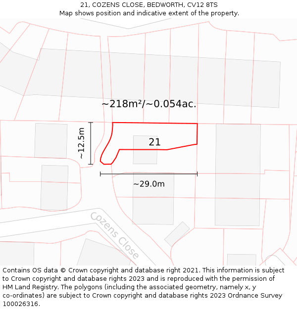 21, COZENS CLOSE, BEDWORTH, CV12 8TS: Plot and title map