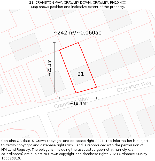 21, CRANSTON WAY, CRAWLEY DOWN, CRAWLEY, RH10 4XX: Plot and title map