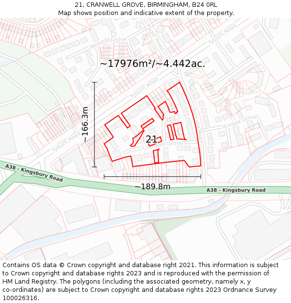 21, CRANWELL GROVE, BIRMINGHAM, B24 0RL: Plot and title map