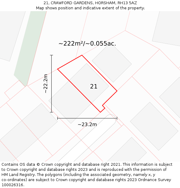 21, CRAWFORD GARDENS, HORSHAM, RH13 5AZ: Plot and title map