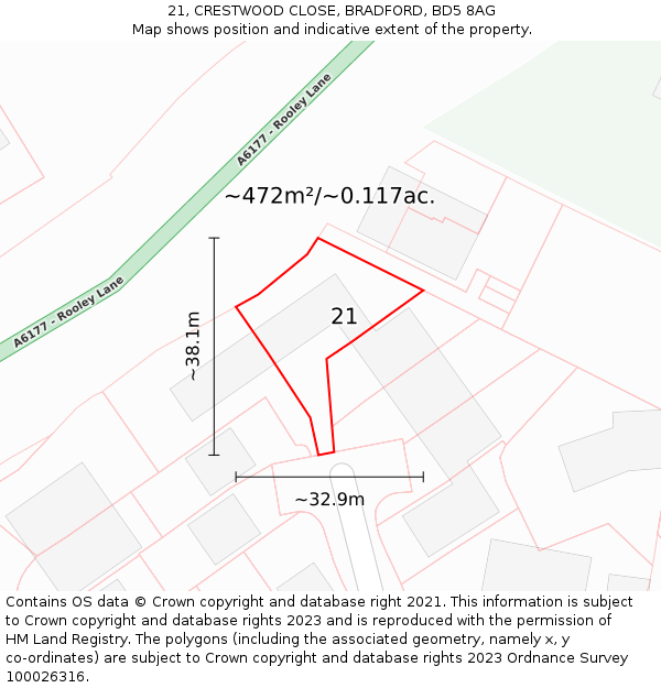 21, CRESTWOOD CLOSE, BRADFORD, BD5 8AG: Plot and title map