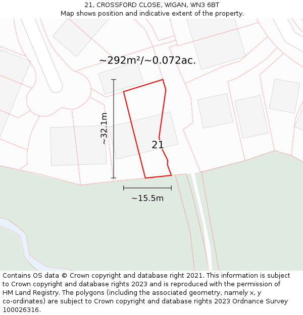 21, CROSSFORD CLOSE, WIGAN, WN3 6BT: Plot and title map