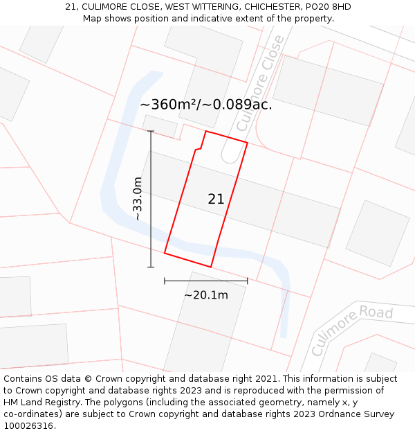 21, CULIMORE CLOSE, WEST WITTERING, CHICHESTER, PO20 8HD: Plot and title map