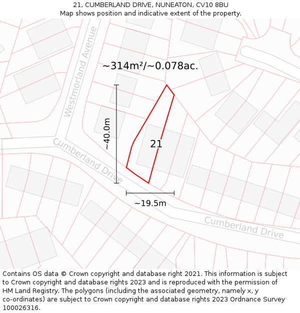 21, CUMBERLAND DRIVE, NUNEATON, CV10 8BU: Plot and title map