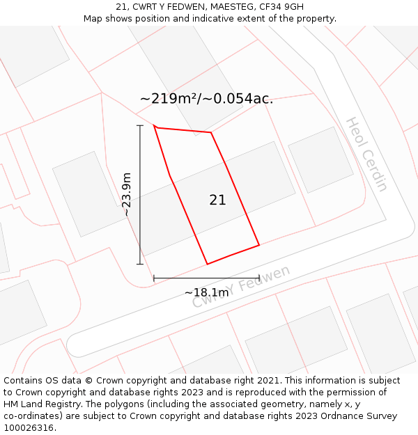 21, CWRT Y FEDWEN, MAESTEG, CF34 9GH: Plot and title map