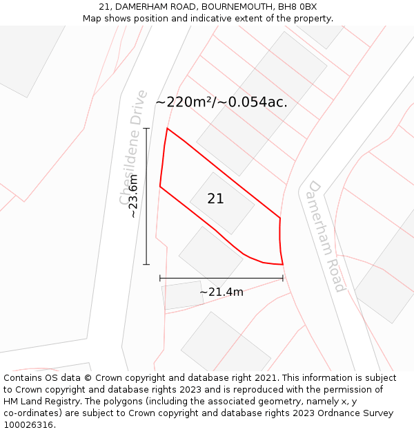 21, DAMERHAM ROAD, BOURNEMOUTH, BH8 0BX: Plot and title map