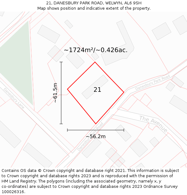 21, DANESBURY PARK ROAD, WELWYN, AL6 9SH: Plot and title map