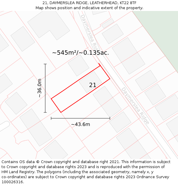 21, DAYMERSLEA RIDGE, LEATHERHEAD, KT22 8TF: Plot and title map