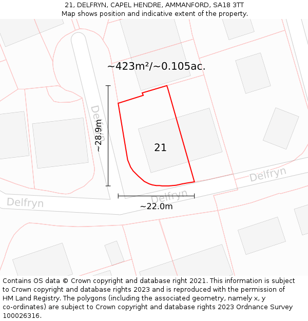 21, DELFRYN, CAPEL HENDRE, AMMANFORD, SA18 3TT: Plot and title map