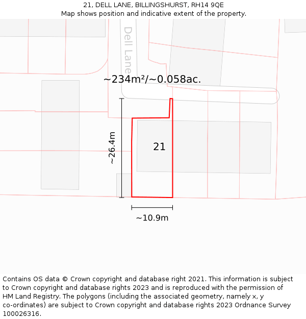 21, DELL LANE, BILLINGSHURST, RH14 9QE: Plot and title map