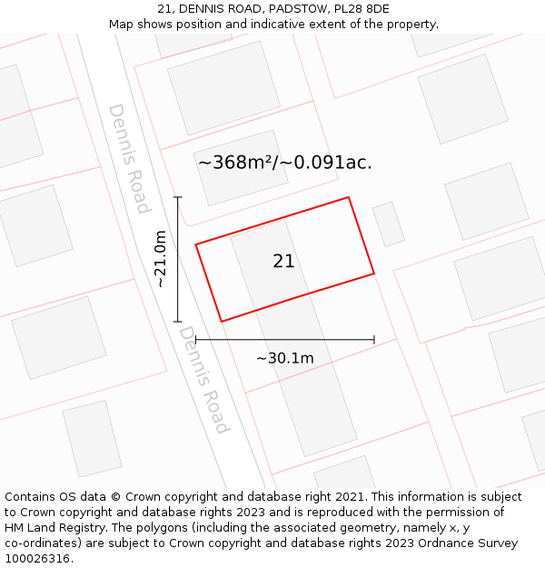 21, DENNIS ROAD, PADSTOW, PL28 8DE: Plot and title map