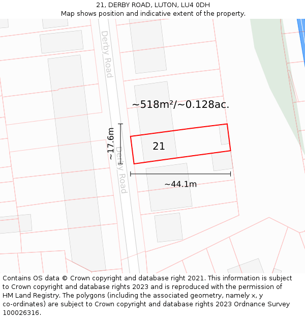 21, DERBY ROAD, LUTON, LU4 0DH: Plot and title map