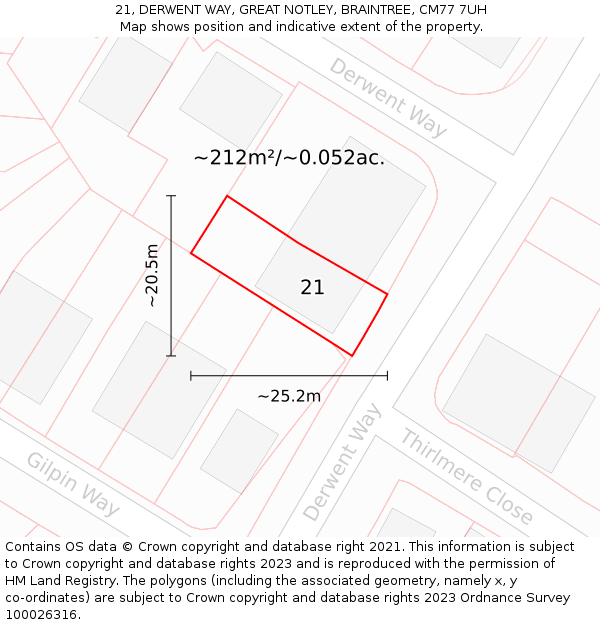 21, DERWENT WAY, GREAT NOTLEY, BRAINTREE, CM77 7UH: Plot and title map