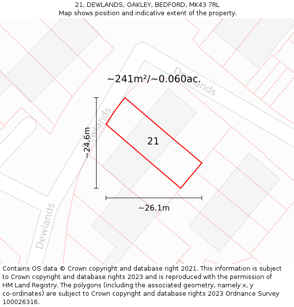 21, DEWLANDS, OAKLEY, BEDFORD, MK43 7RL: Plot and title map