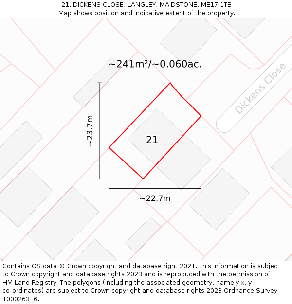 21, DICKENS CLOSE, LANGLEY, MAIDSTONE, ME17 1TB: Plot and title map